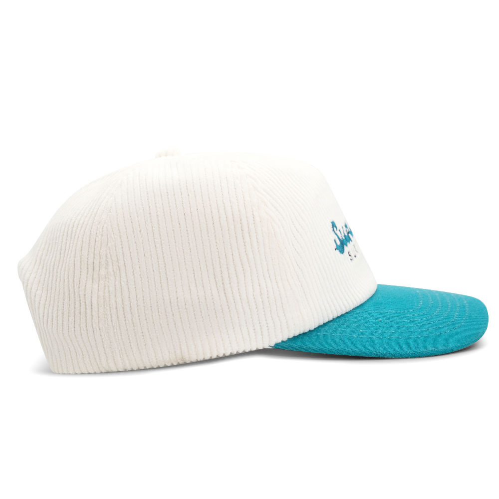 Sundaze Surfboards Teal and White Corduroy and Cotton 5 Split Panel Hat