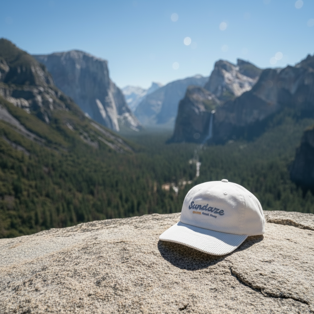 White cap with 'Sundance' logo on a rock with a mountainous landscape in the background