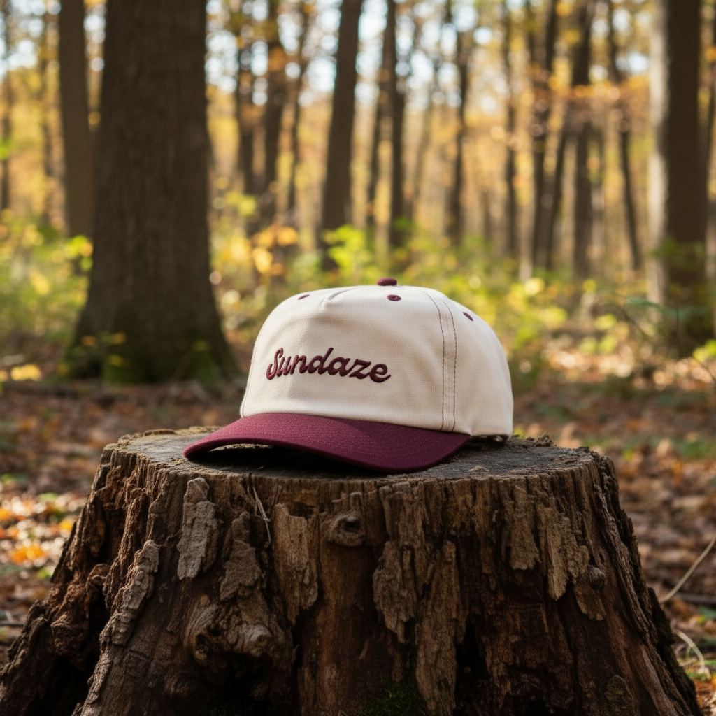 Beige and maroon cap with 'Sundaze' embroidery on a white background