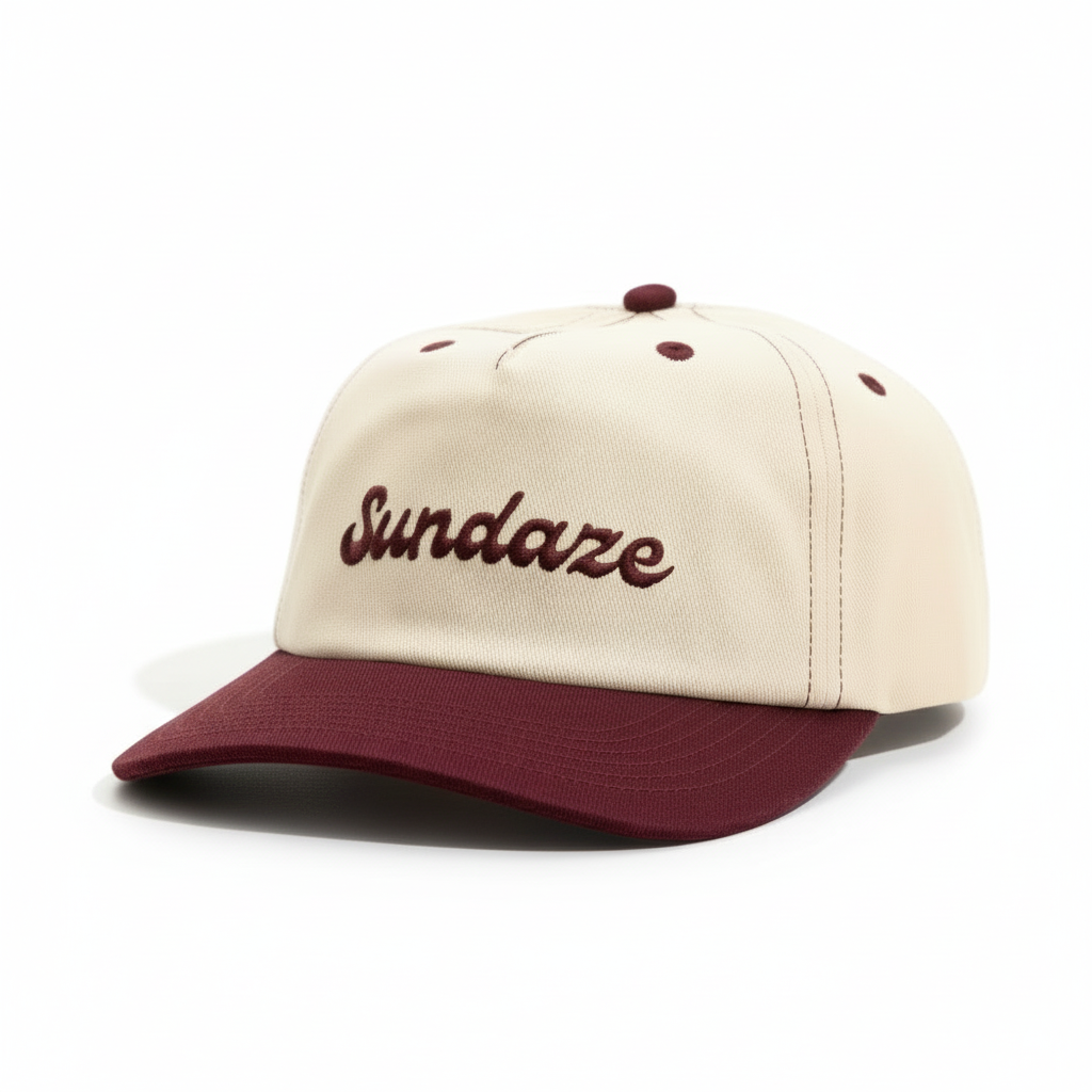 Beige and maroon cap with 'Sundaze' embroidery on a white background