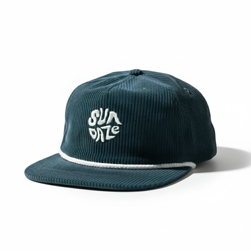 Blue cap with 'Sun Daze' logo on a white background