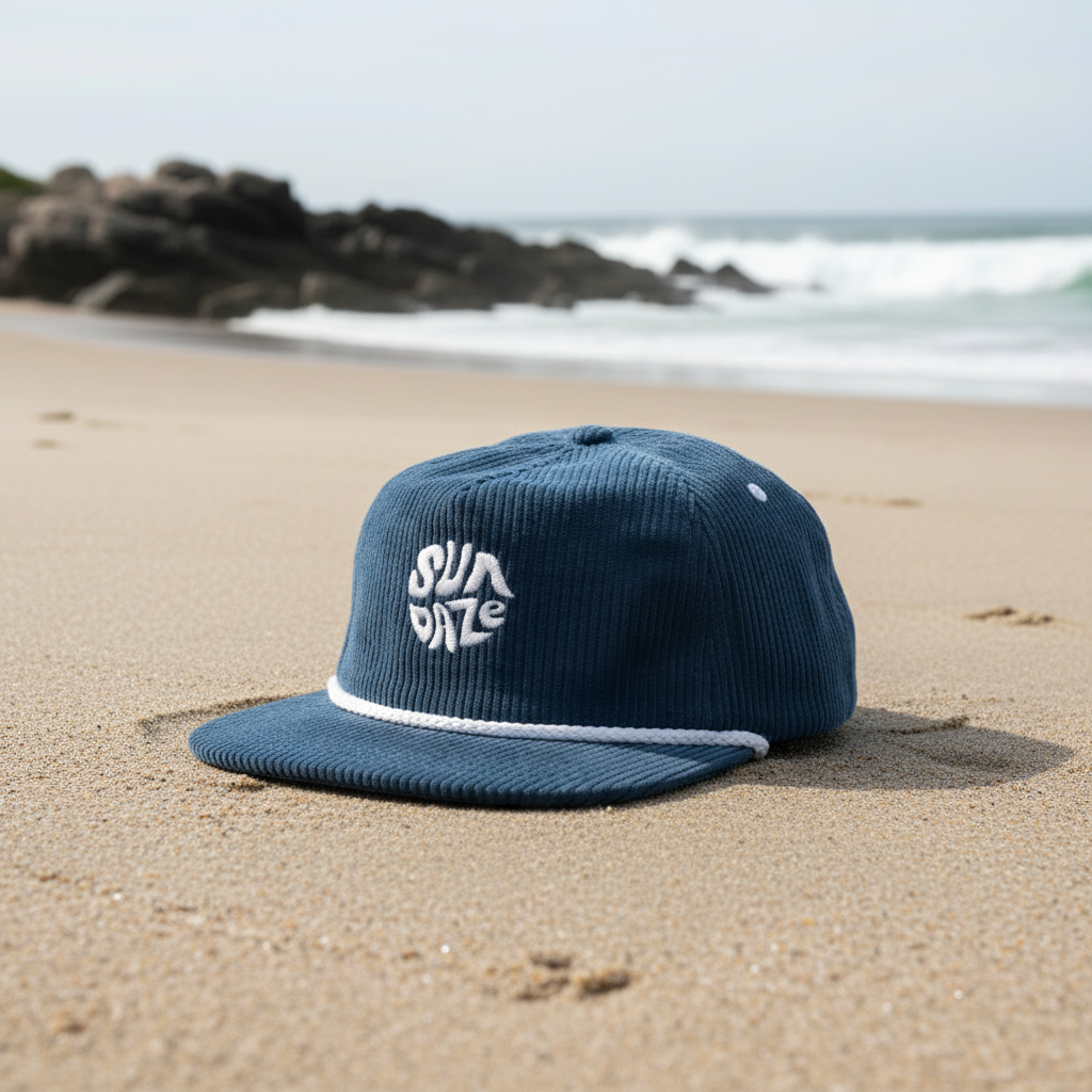 Blue corduroy cap with white logo on a white background