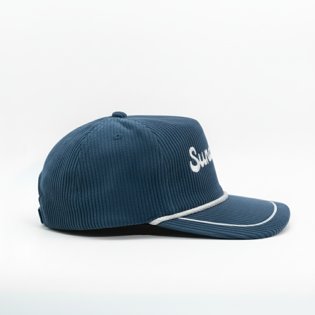 Blue cap with white text on a white background