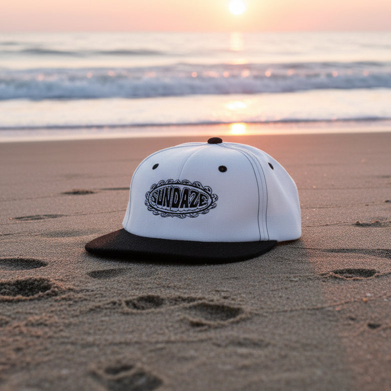 White and black cap with 'Sundaze' logo on a white background