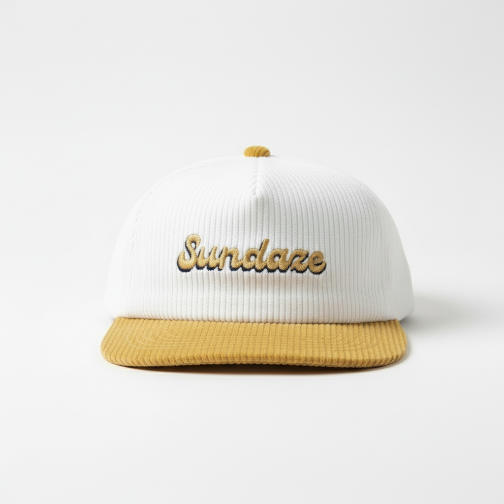 White and yellow cap with 'Sundaze' embroidery on a white background