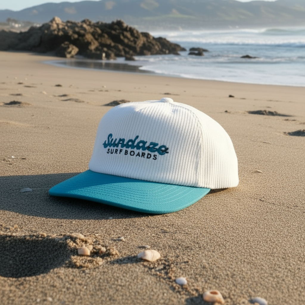 White and teal cap with 'Sundaze Surf Boards' logo on a white background