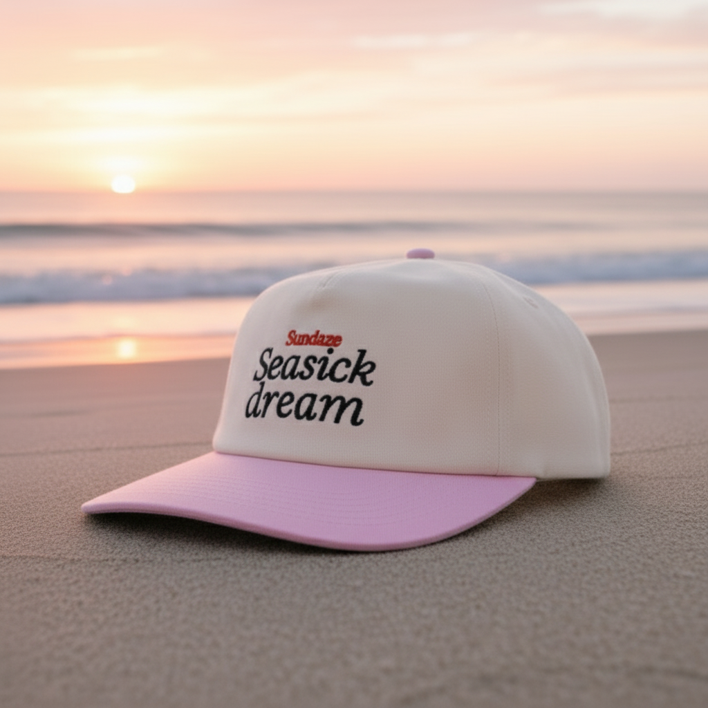 Cap with 'Seasick dream' text on a beach at sunset 