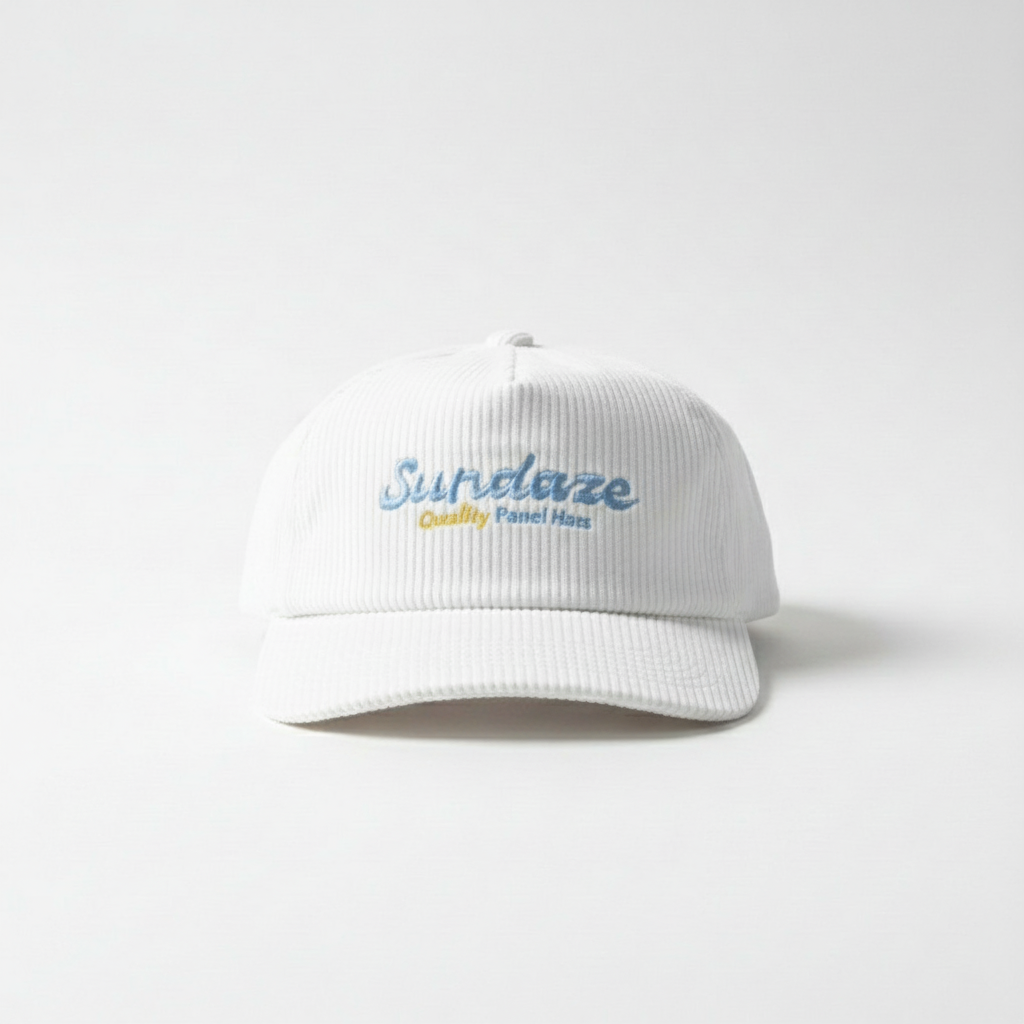 White cap with 'Surfdaze' logo on a sandy beach with ocean waves in the background