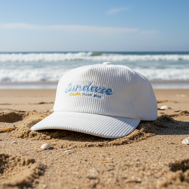 White cap with 'Sundaze' embroidery on a white background