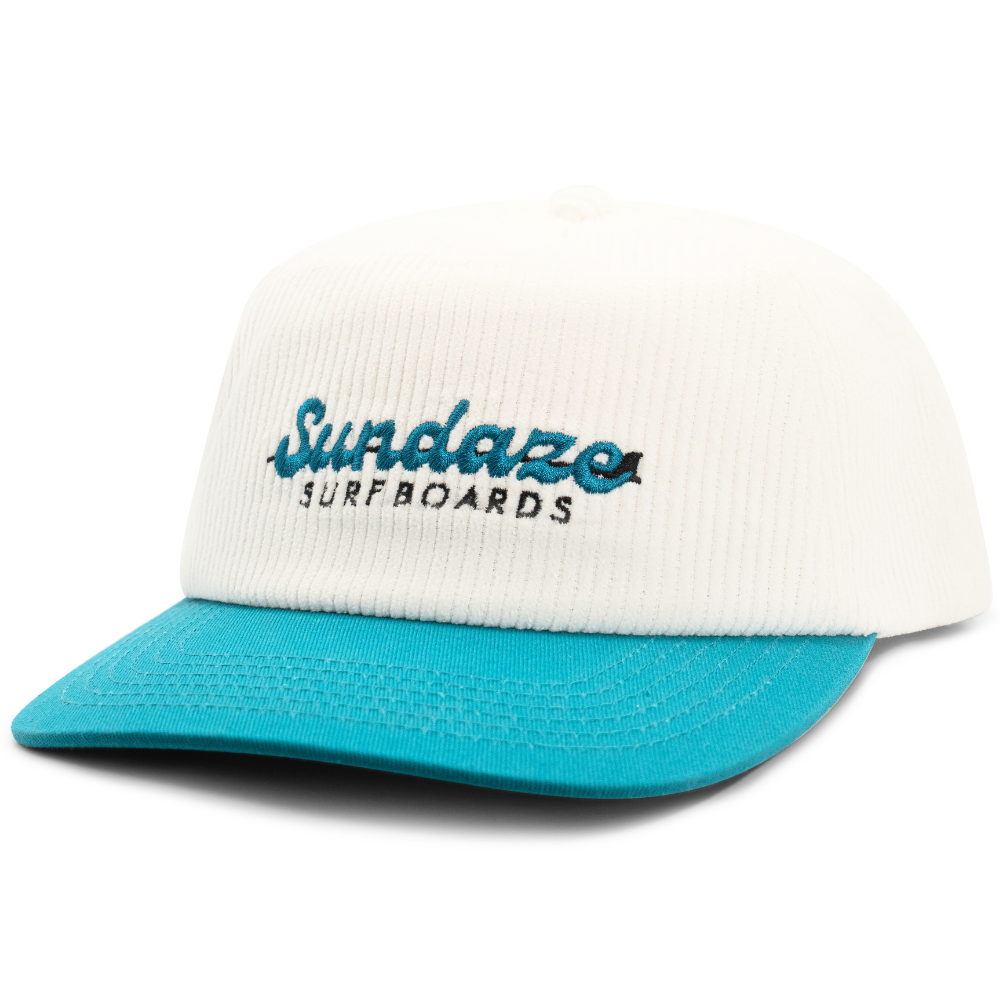 Sundaze Surfboards Teal and White Corduroy and Cotton 5 Split Panel Hat