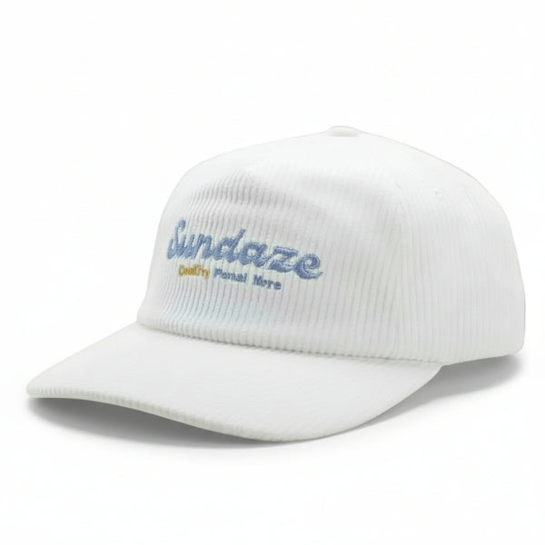 White cap with 'Sundaze' embroidery on a light gray background