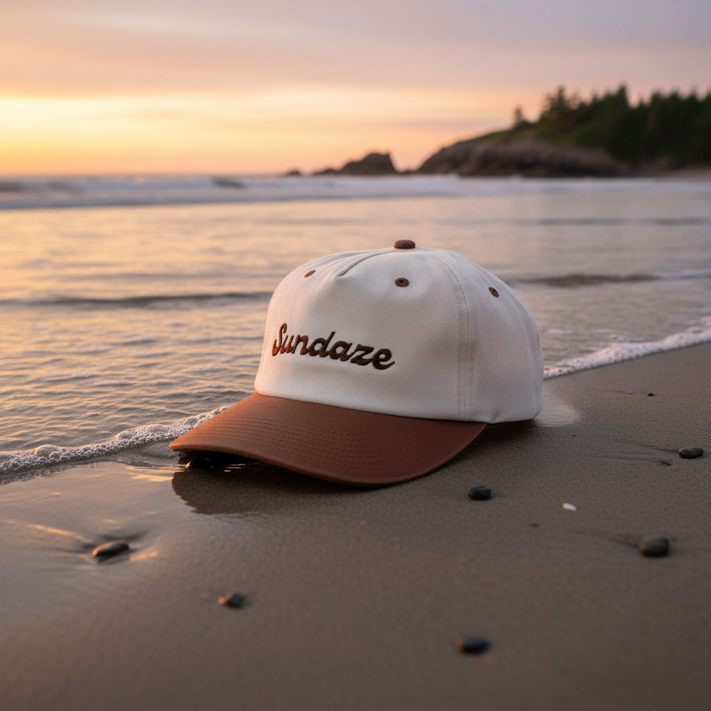 Beige and brown cap with 'Sundaze' branding on a white background