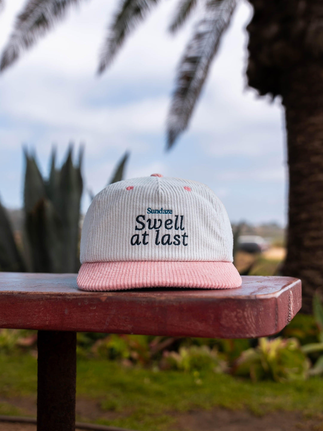 Swell at Last pink and White Corduroy Hat - 5 Panel Corduroy Snap Back-SunDaze California