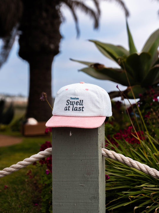 Swell at Last pink and White Corduroy Hat - 5 Panel Corduroy Snap Back-SunDaze California