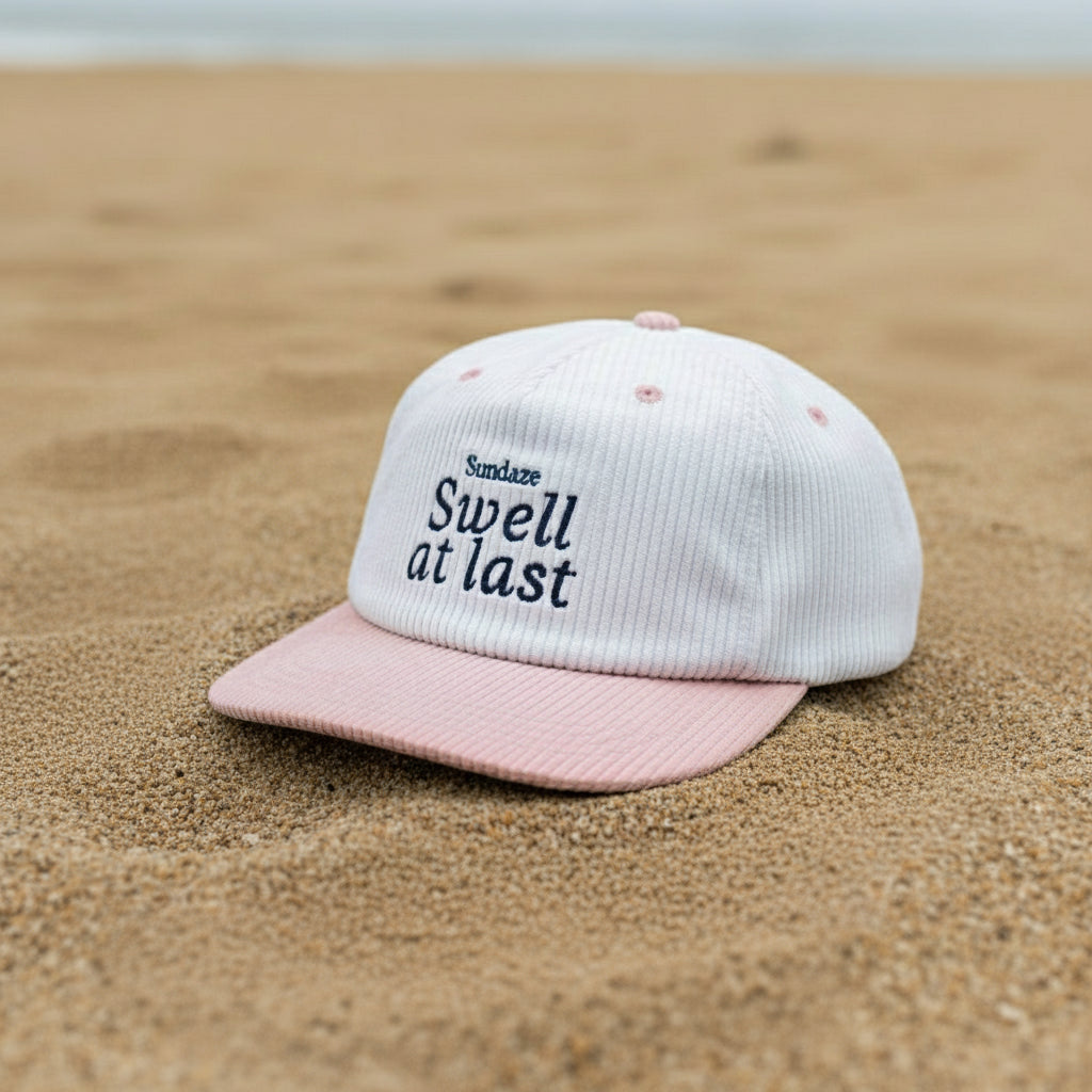 White and pink cap with 'Swell at last' text on a white background