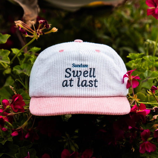 Swell at Last pink and White Corduroy Hat - 5 Panel Corduroy Snap Back-SunDaze California