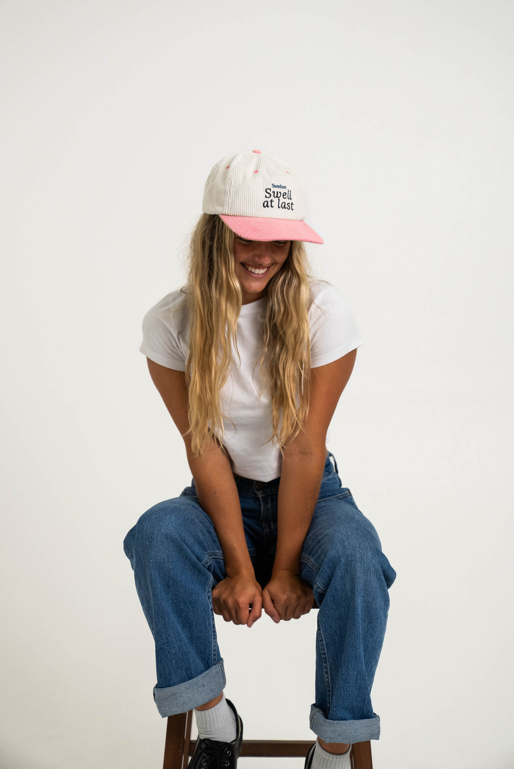 Swell at Last pink and White Corduroy Hat - 5 Panel Corduroy Snap Back