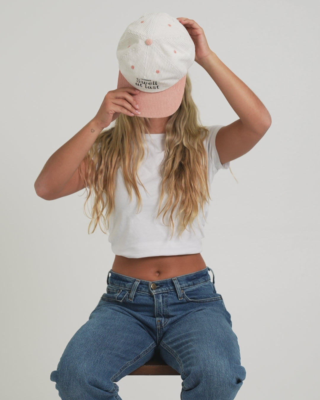 Swell at Last pink and White Corduroy Hat - 5 Panel Corduroy Snap Back